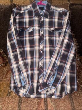 7 Diamonds  Large
Men's Navy and Brown Plaid Button-Up Shirt